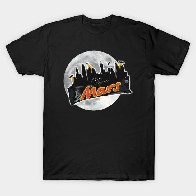 City on Mars with a moon behind it and UFO's in the sky T-Shirt by Fruit Tee